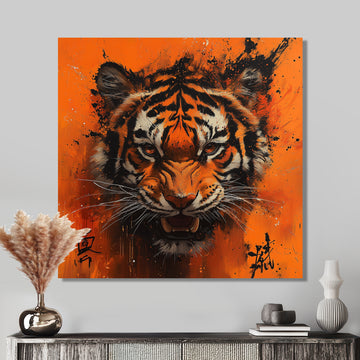 Orange And Black Tiger With Chinese Sign - Tiger Wall Art Prints